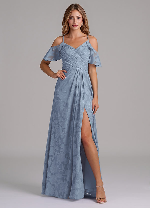 Azazie Dakota 신부 들러리 드레스 A라인 오프 더 숄더 플로럴 번아웃 바닥 길이 드레스 image1