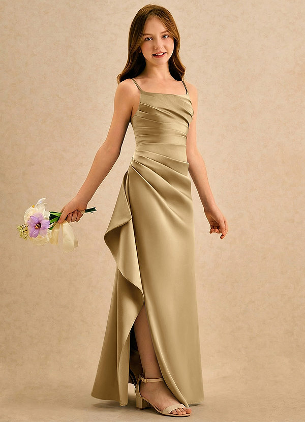 Azazie Cannoli Girls Formal Vestidos de Niña de Flores Vestido de Oro de Satin Mate de Corte en A con Plisado image1