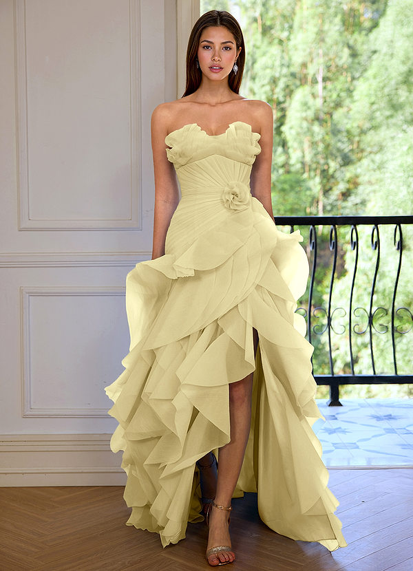 Aurelia Yellow Floral Sweetheart Neckline A-line Ruffle Asymmetrical Prom Dress image1