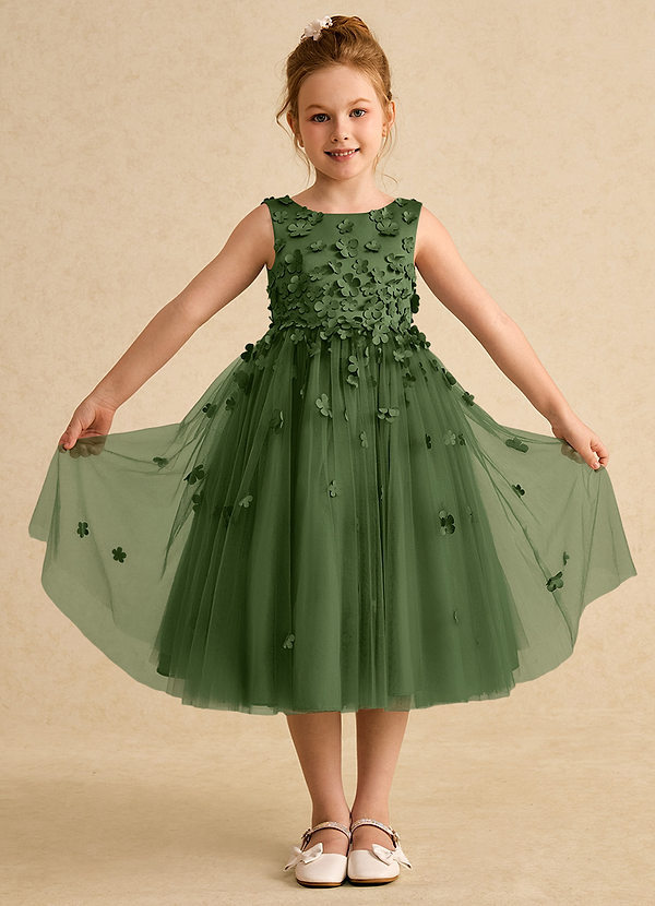 Azazie Lana Flower Girl Dresses Olive A-Line Sleeveless Matte Satin Dress image1