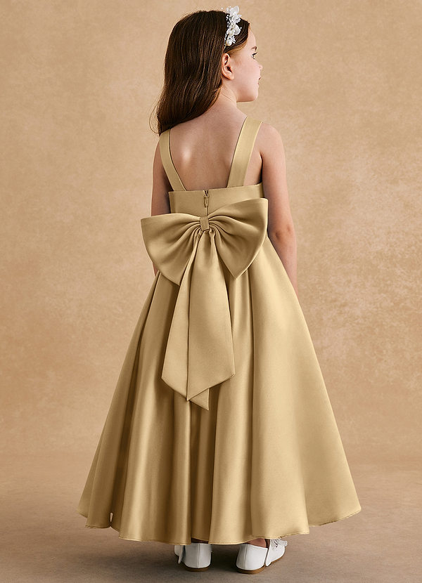 Azazie Honey Bear Flower Girl Dresses Gold A-Line Pleated Matte Satin Dress image1