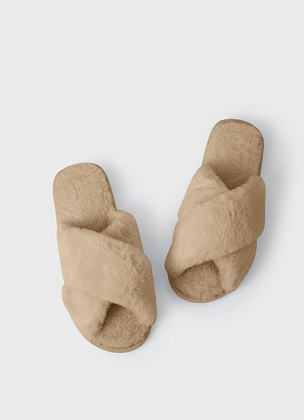 front Champagne Cross Strap Fuzzy Slippers
