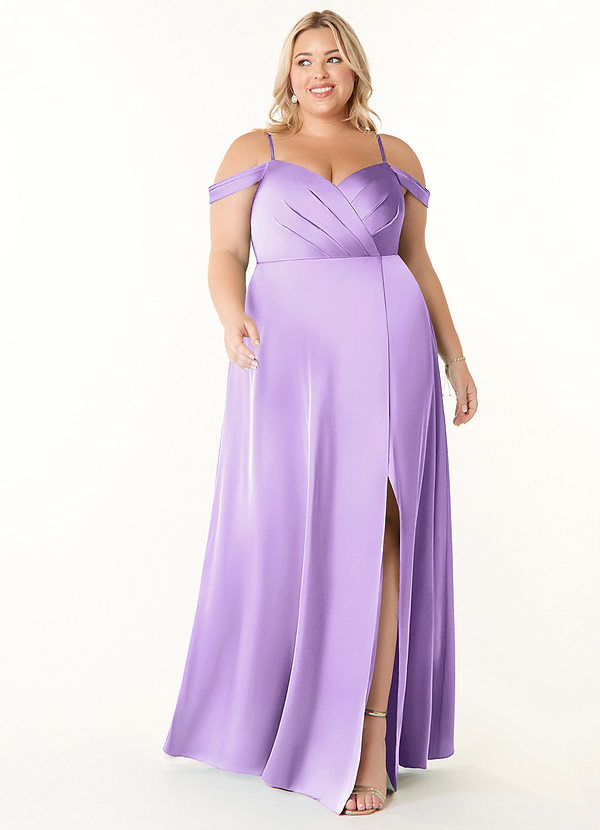 Azazie Ocean Bridesmaid Dresses Lilac A-Line V-Neck Pleated Stretch Satin Dress image1