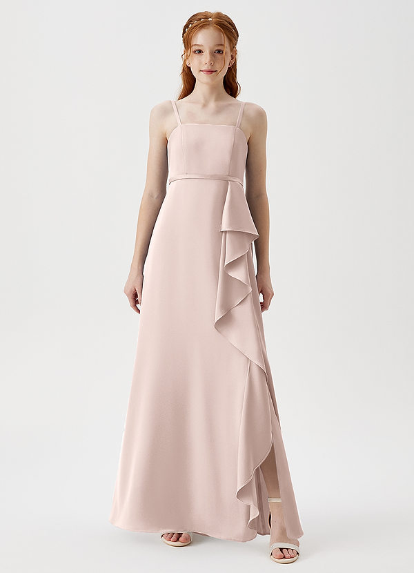 Azazie Kaylee Junior Blushing Pink A-Line with Belt Stretch Satin Dress image1
