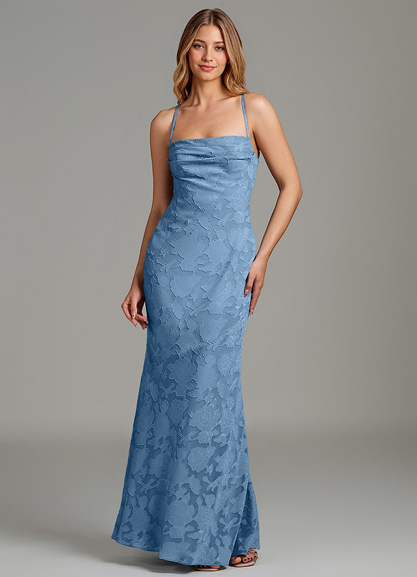 Azazie Ola Vestidos de dama de honor Vestido Azul Acero de Devorado Floral de Corte Sirena con Corsé image1