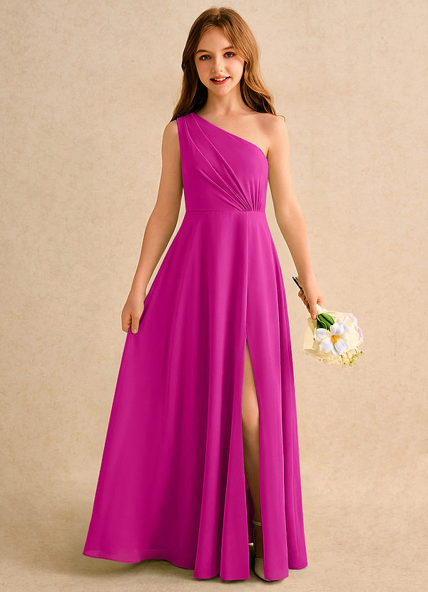 Azazie Puddles Girls Formal Robes de Fillette d'Honneur Robe Trapèze en Mousseline de soie Une épaule Fuchsia image1