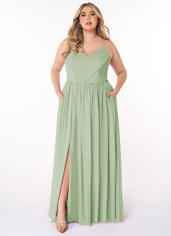 Azazie Cora Robes Demoiselle d'honneur Robe Trapèze en Mousseline de soie Plissée Vert Sauge image1
