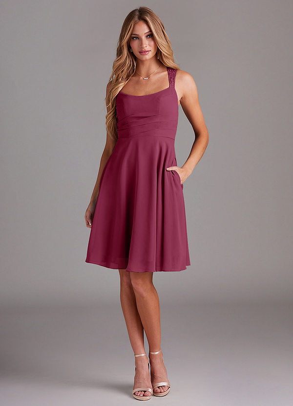 Azazie Vina Vestidos Dama de Honor Vestido de Mora de Gasa de Corte en A con Encaje image1