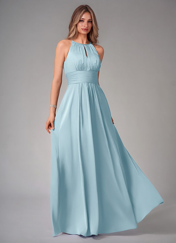 Azazie Bonnie Bridesmaid Dresses Moody Blue A-Line Pleated Stretch Satin Dress image1