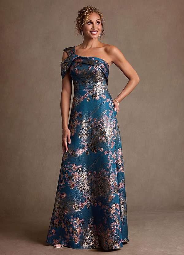 Azazie Yeshe Teal Floral A-Line Pleated Floral Jacquard Dress