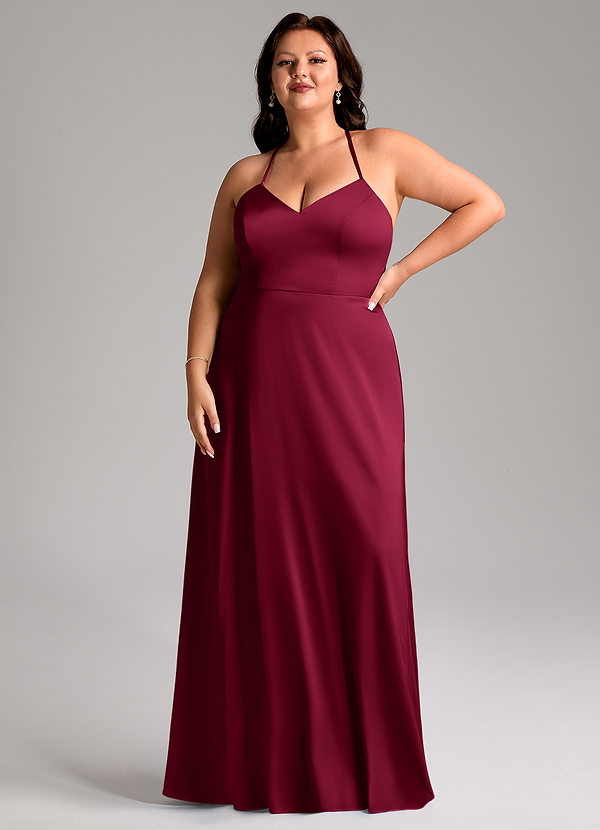 Azazie Mei Abiti da Damigella Abito A-Line in Raso Elasticizzato con Scollo a V Borgogna image1