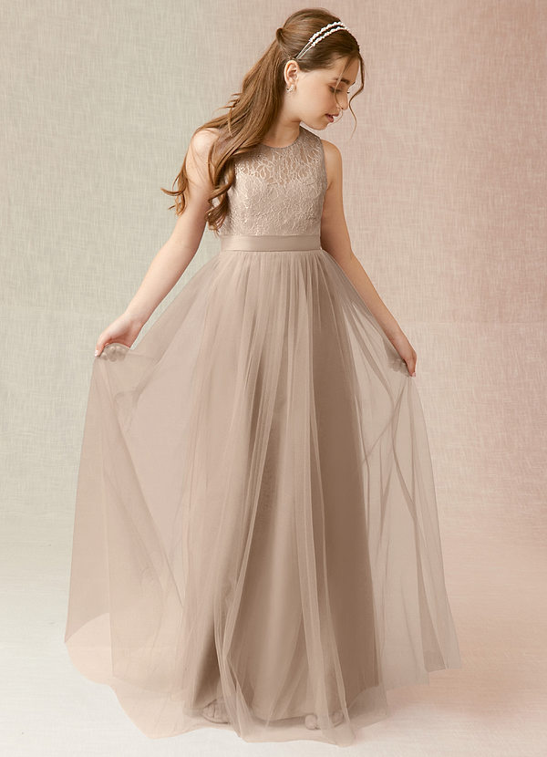 Azazie Georgette Junior Taupe A-Line Lace Tulle Dress image1