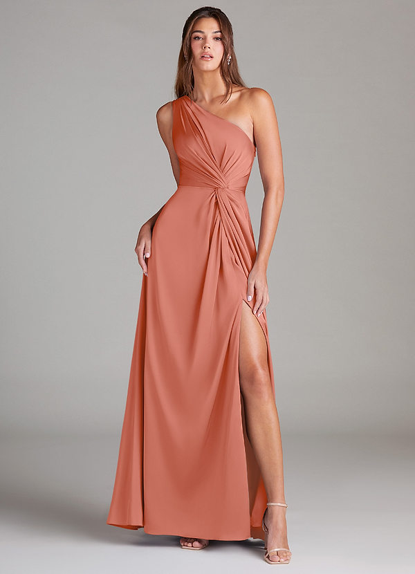 Azazie Brooke Vestidos de dama de honor Vestido Rosa Salmón de Satén Elástico de Línea A con Un hombro image1