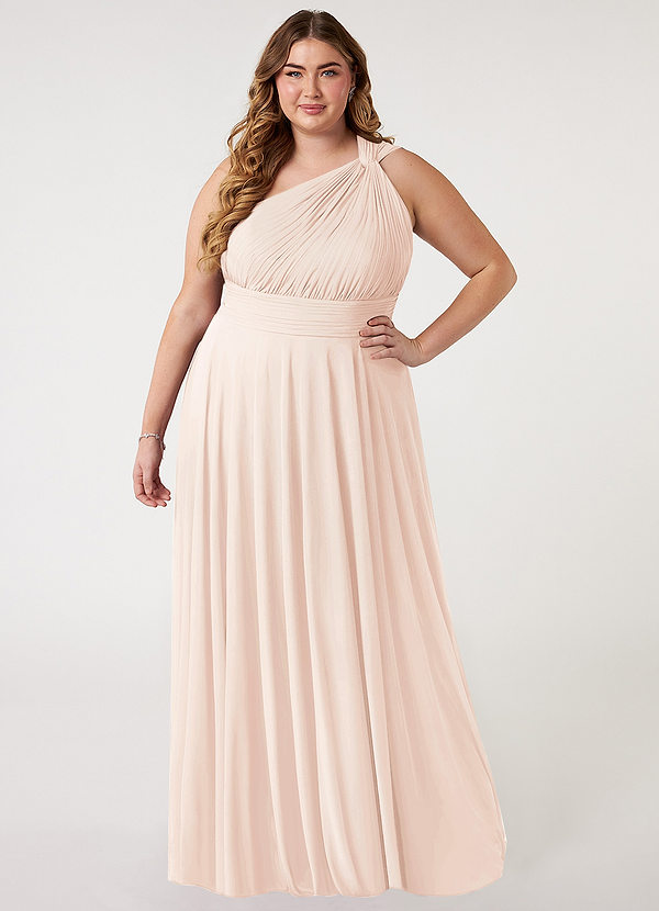 Azazie Charlize Bridesmaid Dresses Blushing Pink A-Line One Shoulder Mesh Dress image1