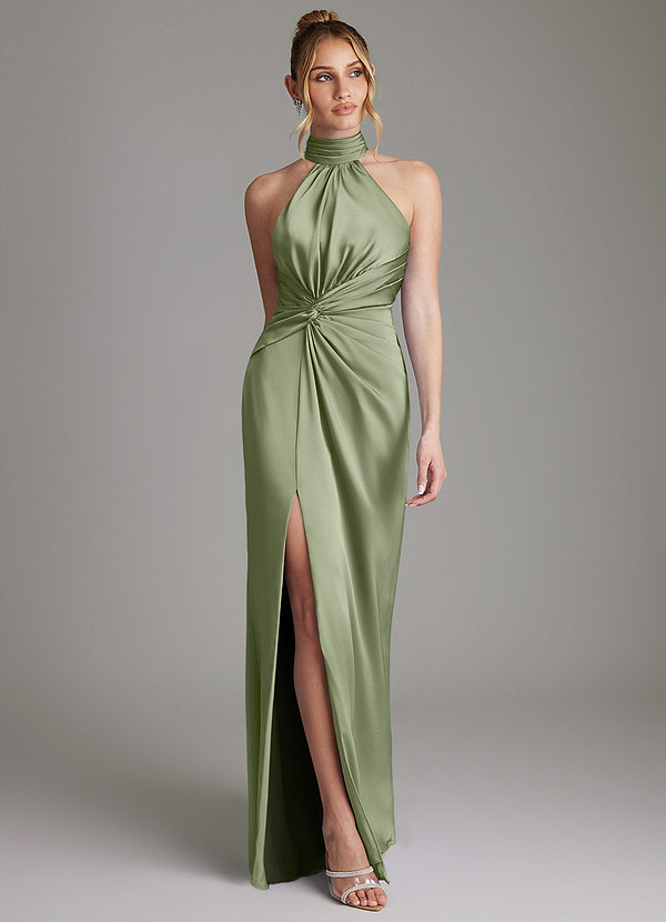 Azazie Gracelynn Bridesmaid Dresses Pistachio Sheath Pleated Stretch Satin Dress image1