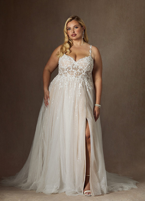 Azazie Florian Brautkleider A-Linie V-Hals Pailletten Tüll Kleid Diamantweiß Nude image1