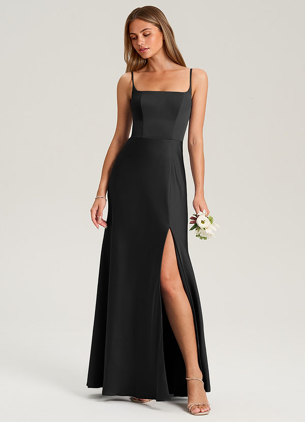 Azazie Lidia Bridesmaid Dresses Black Mermaid Side Slit Stretch Satin Dress image1