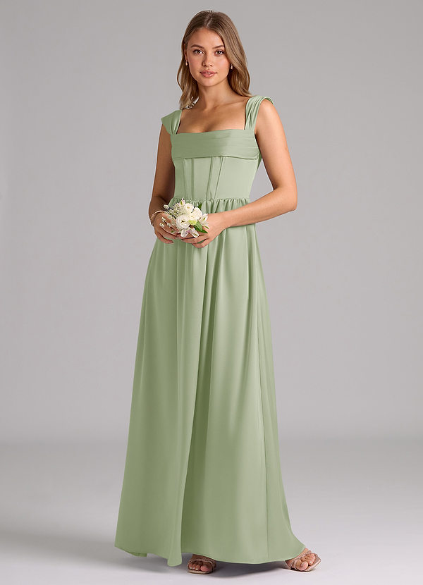 Azazie Hattie Bruidsmeisjes Jurken Jurk van Stretch Satijn met A-Lijn Korset Stoffige Salie image1