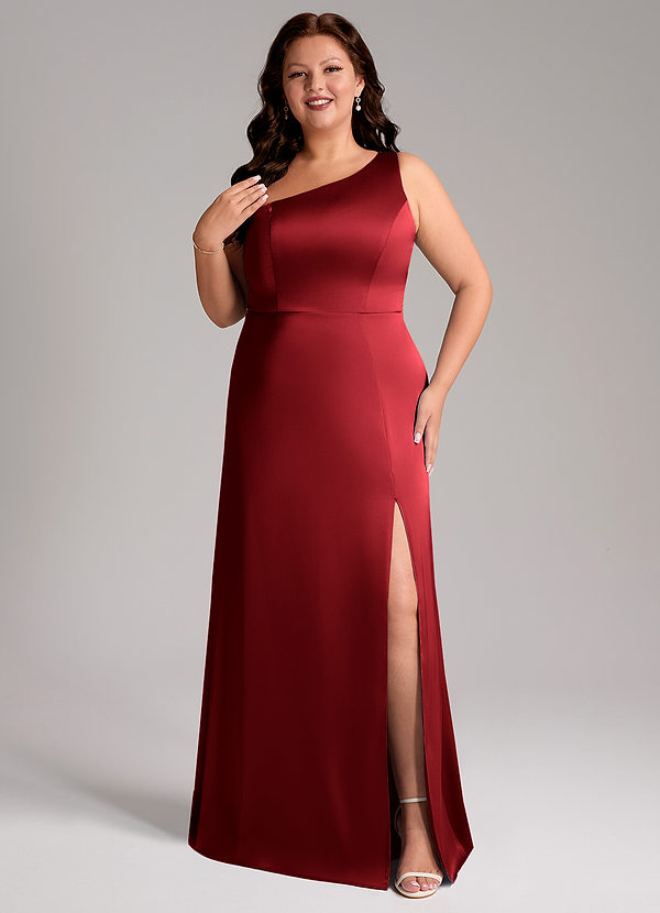 Azazie Phaedra Bridesmaid Dresses Scarlet A-Line One Shoulder Stretch Satin Dress image1