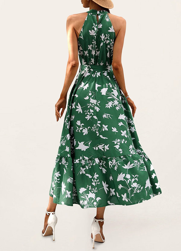 back Easily In Love Green Floral Print Tiered Maxi Dress