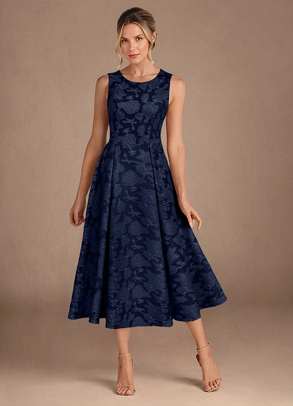 Azazie Fulton Vestidos de Madre de la Novia Vestido de Azul Marino Oscuro de Devorado Floral de Corte En A con Plisado image1