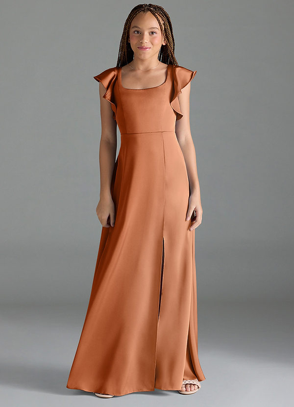Azazie Bondi Junior Copper A-Line Side Slit Stretch Satin Dress image1