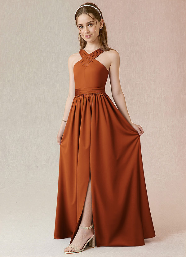 Azazie Jiya Junior Vestido Canela de Cetim elástico de Linha A com Plissado image1