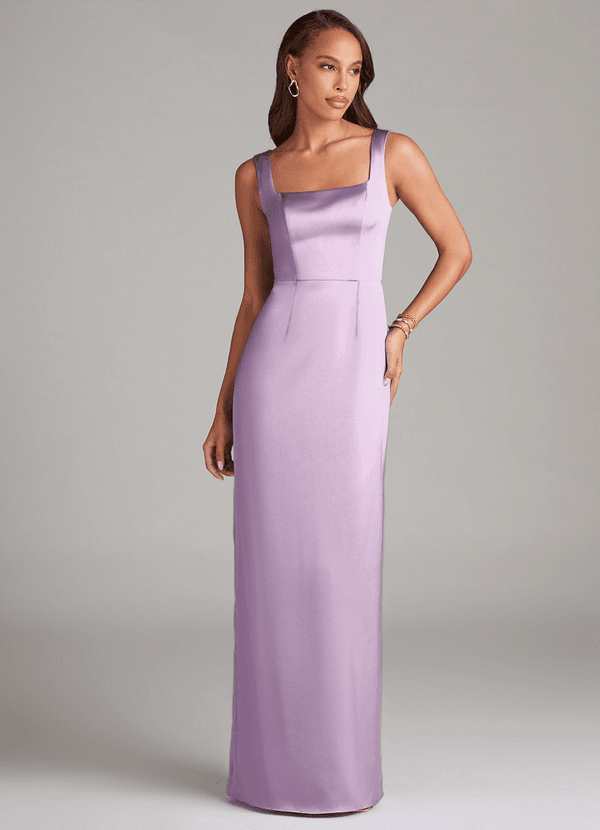 Azazie Flori Bridesmaid Dresses Frosted Lilac Sheath Side Slit Stretch Satin Dress image1