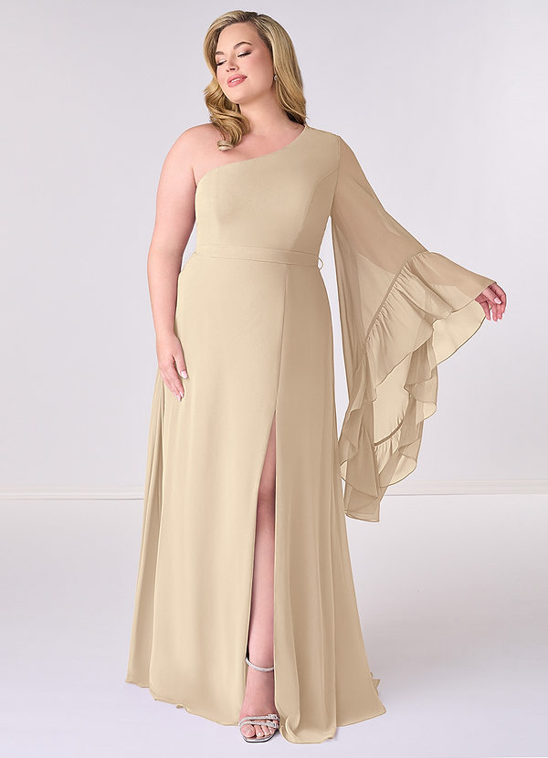 Barbie ♥ Azazie Robes Demoiselle d'honneur Robe Trapèze en Mousseline de soie Manche longue Champagne image1