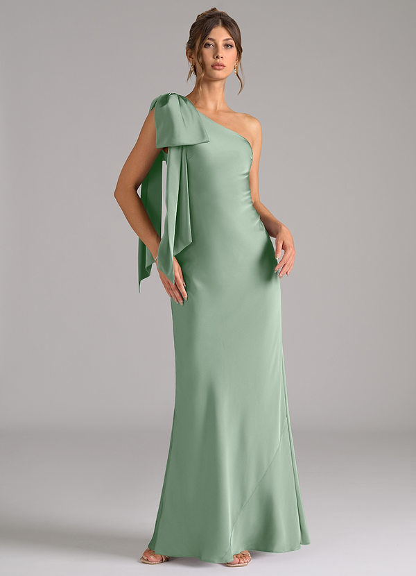 Azazie Capri Bridesmaid Dresses Agave Mermaid One Shoulder Stretch Satin Dress image1