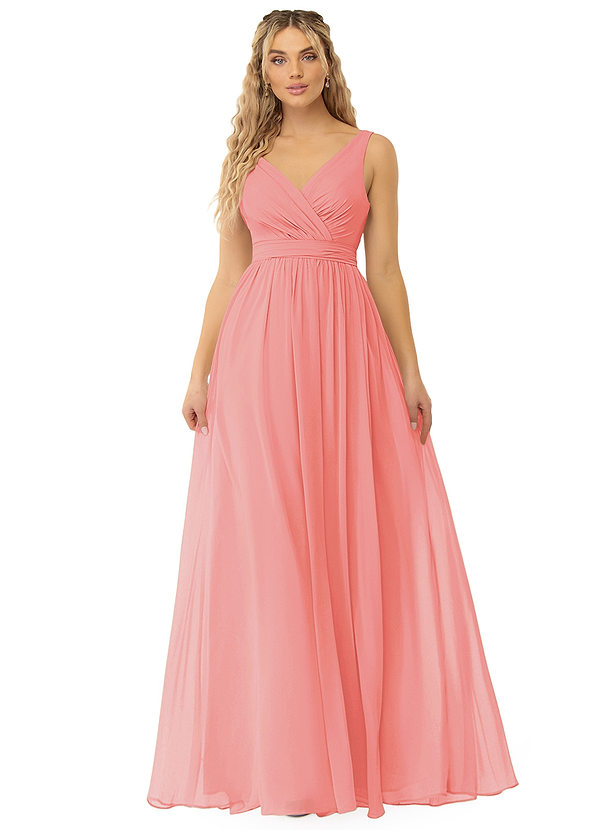 Azazie Kora Bridesmaid Dresses Coral A-Line Pleated Chiffon Dress image1