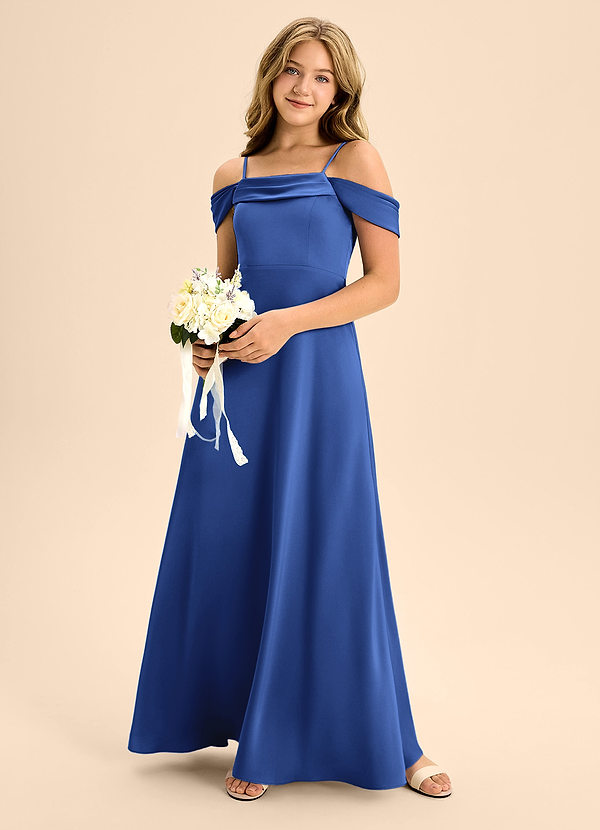 Azazie Anselie Junior Vestido de Azul Real de Satén Elástico de Corte En A con Vestidos sin tirantes image1