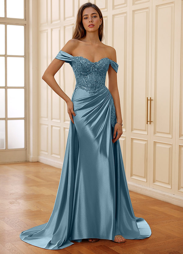 Rowane Albastru Prăfuit Rochie de bal cu corset și strasuri, dantelă transparentă image1