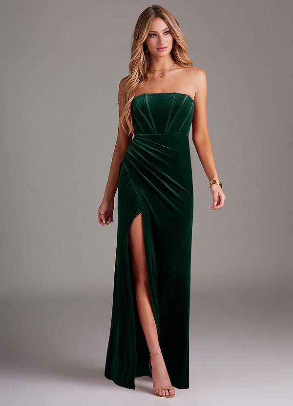 Azazie Larisa Robes Demoiselle d'honneur Robe Fourreau Convertible en velours Sans bretelle émeraude image1