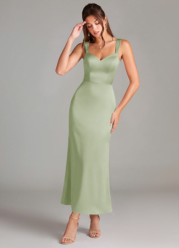 Azazie Denice Bridesmaid Dresses Dusty Sage Sheath Pleated Stretch Satin Dress image1