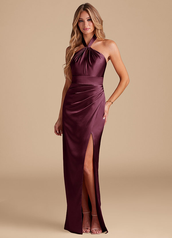 Azazie Zaya Bruidsmeisjes Jurken Jurk van Metaalachtig Satijn met Kolom Geplooid Cabernet image1