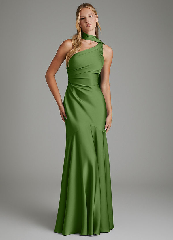 Azazie Amara Robes de demoiselle d'honneur Robe Sirène en Satin extensible Asymétrique Basilic image1