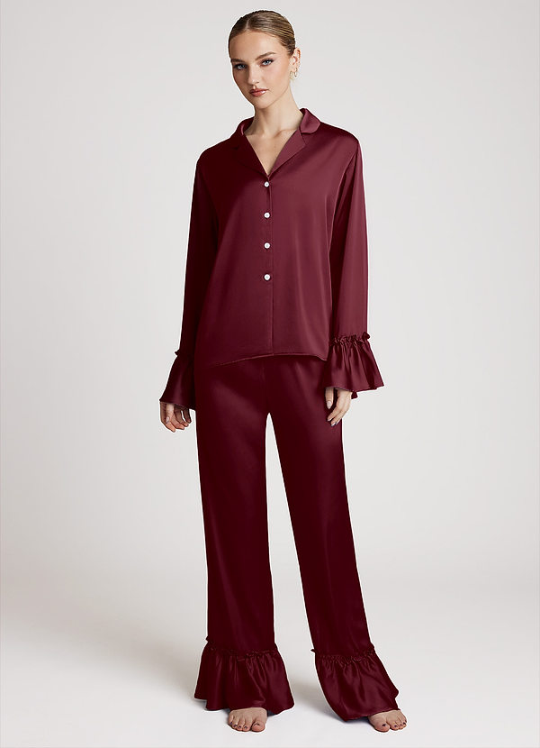 front Cabernet Lightweight Satin Ruffle Pajama Set