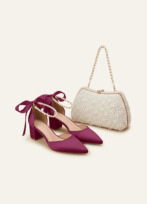 front Ensemble de chaussures à talons carrés à bout pointu, perles et nœud en satin mat assortis et pochette perlée