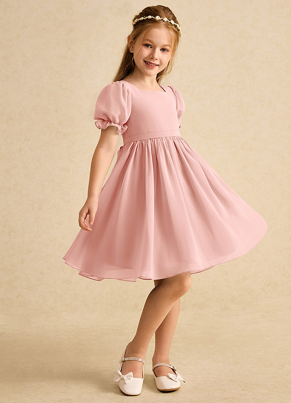 Azazie Jolie Flower Girl Dresses Rosette A-Line with Sleeves Chiffon Dress image1