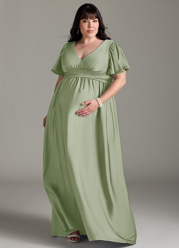 Azazie Verna Maternity Bridesmaid Dresses A-Line Ruched Stretch Satin Floor-Length Dress image1