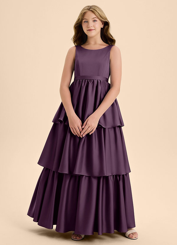Azazie Meadowyn Junior Vestido de Ciruela de Satén Elástico de Corte En A con Lazo image1