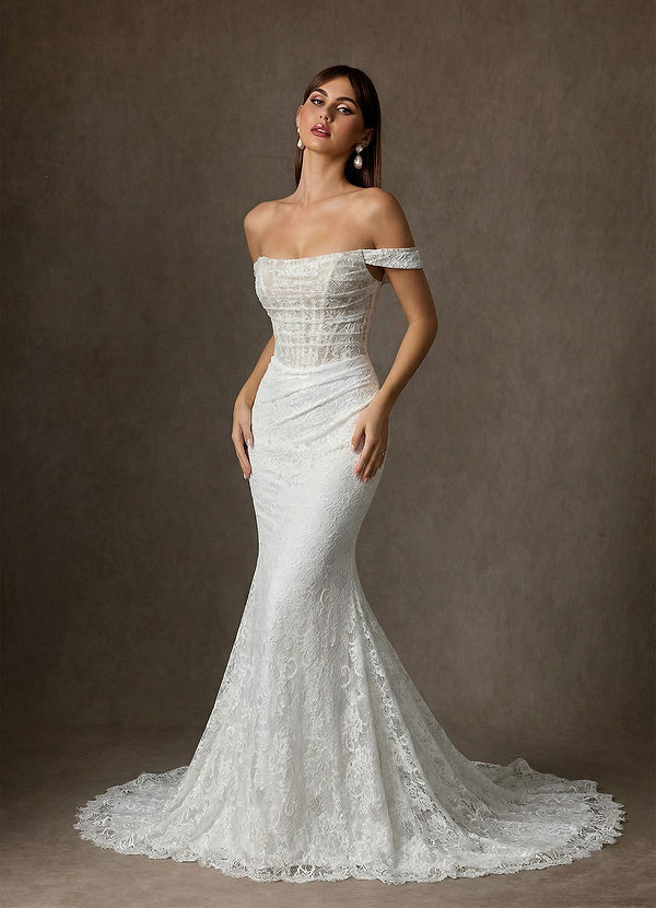 Azazie Idalis Vestidos de Novia Vestido de Blanco Diamante Nude de Encaje de Corte Sirena image1