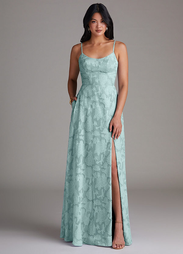 Azazie Moira Bridesmaid Dresses Mist A-Line Side Slit Floral Burnout Dress image1