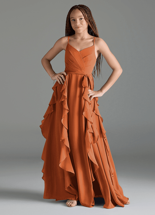 Azazie Peyton Junior Cinnamon A-Line V-Neck Cascading Ruffles Chiffon Dress image1