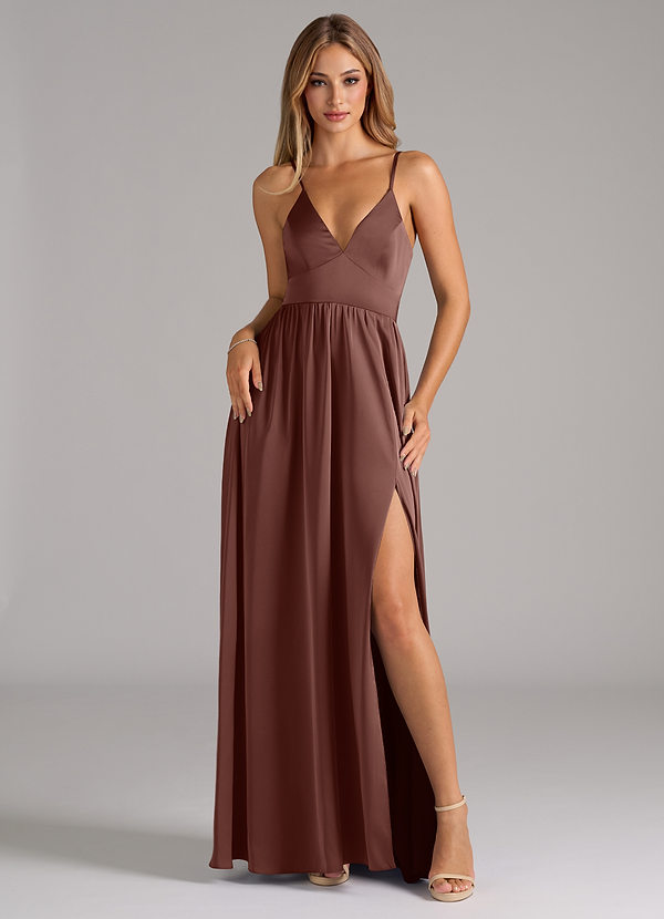 Azazie Aaida Robes Demoiselle d'honneur Robe Trapèze en Satin extensible Corset Expresso image1