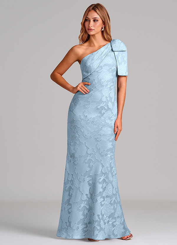 Azazie Yuanna 신부 들러리 드레스 인어 한쪽 어깨 플로럴 번아웃 바닥 길이 드레스 image1