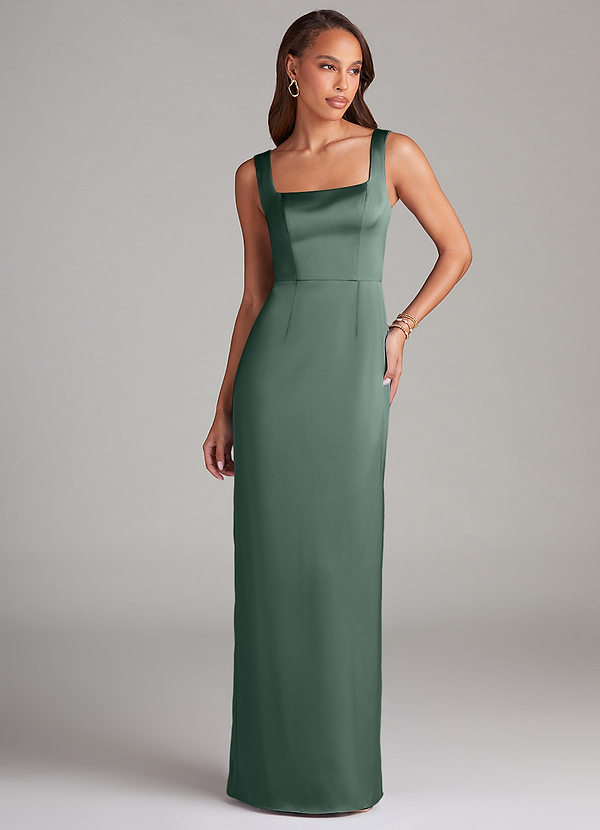 Azazie Flori Bridesmaid Dresses Sea Moss Sheath Side Slit Stretch Satin Dress image1