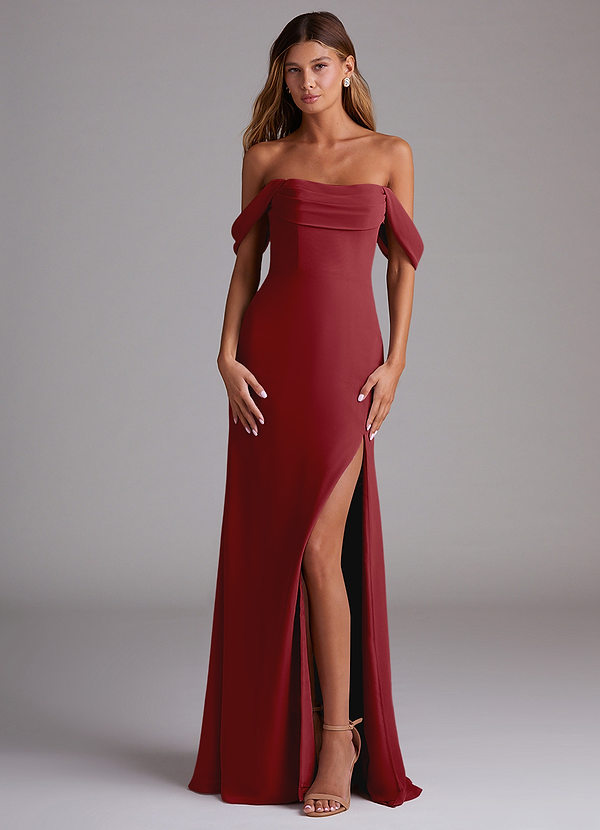 Azazie Saige Bridesmaid Dresses Pomegranate A-Line Off the Shoulder Chiffon Convertible Dress image1