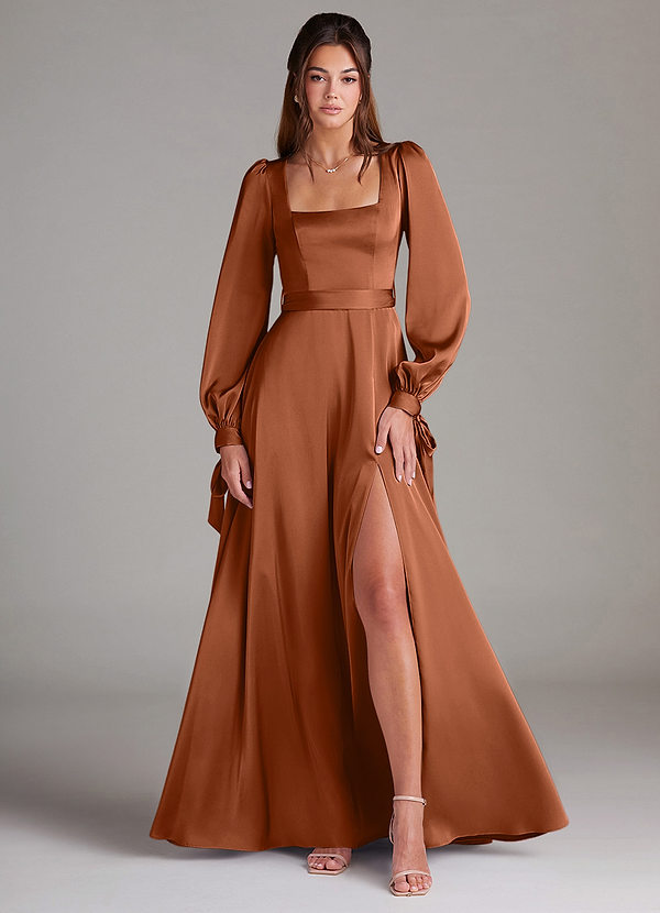 Azazie Leonia Bridesmaid Dresses Copper A-Line Long Sleeve Stretch Satin Dress image1